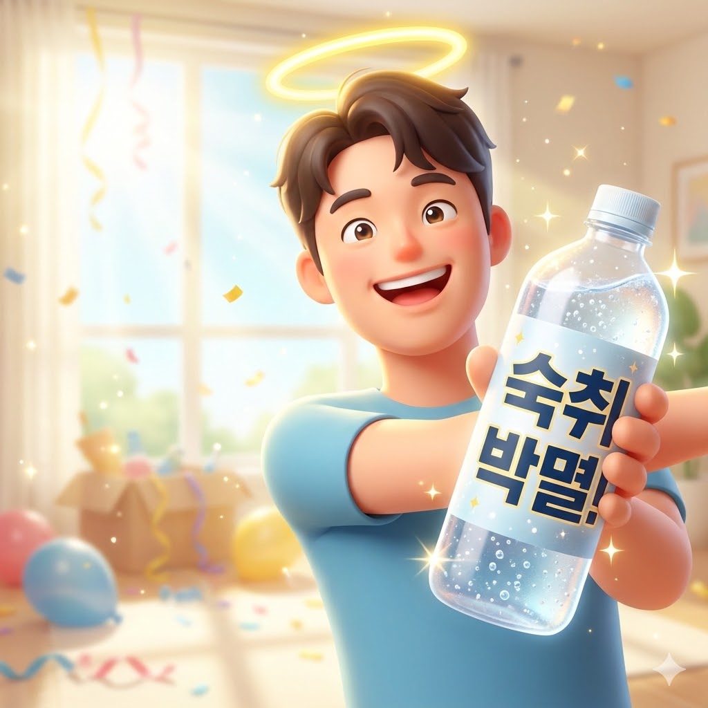 환한 아침, 숙취해소 음료를 마시고 상쾌한 표정을 짓는 사람. '숙취 박멸!'이라는 문구가 시선을 사로잡습니다.