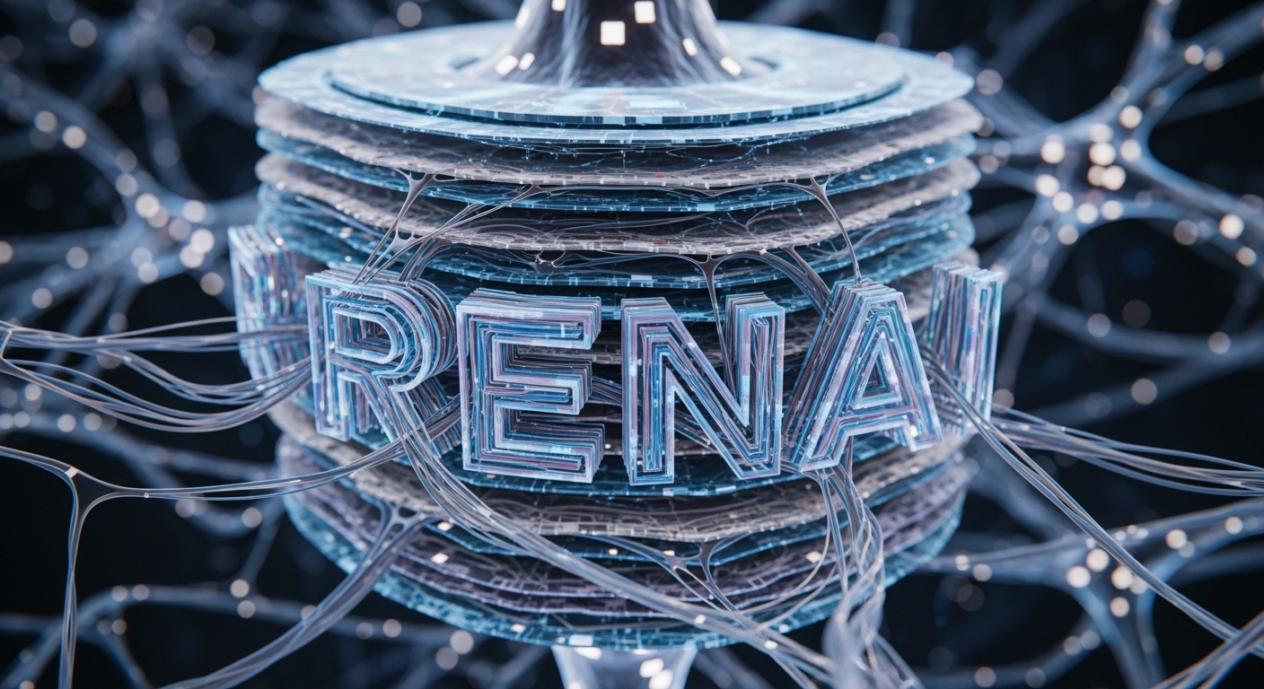 퓨리오사AI의 차세대 NPU 'RENAI'가 초거대 AI 모델을 처리하는 복잡한 신경망의 추상적인 이미지.