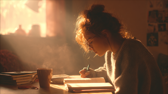 아침 햇살 아래 공부 루틴을 실천하는 학생