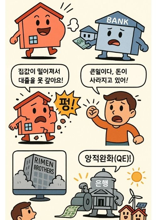 2008년 글로벌 금융위기에 대해 표현, 집값 거품이 커지는 장면, 거품이 터져 은행과 시민이 위기에 빠진 장면, 리먼 브라더스 파산 장면, 중앙은행이 양적완화(QE)로 대응하는 장면을 보여주는 4컷 만화