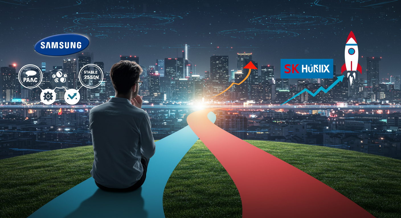 삼성전자와 하이닉스 중 투자 대상을 고민하는 투자자의 선택 장면
