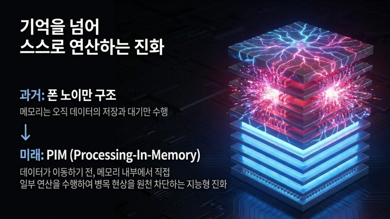 직접 일부 계산까지 수행하는 PIM(Processing-In-Memory) 기술 설명 이미지 ( AI 활용 이미지 생성)