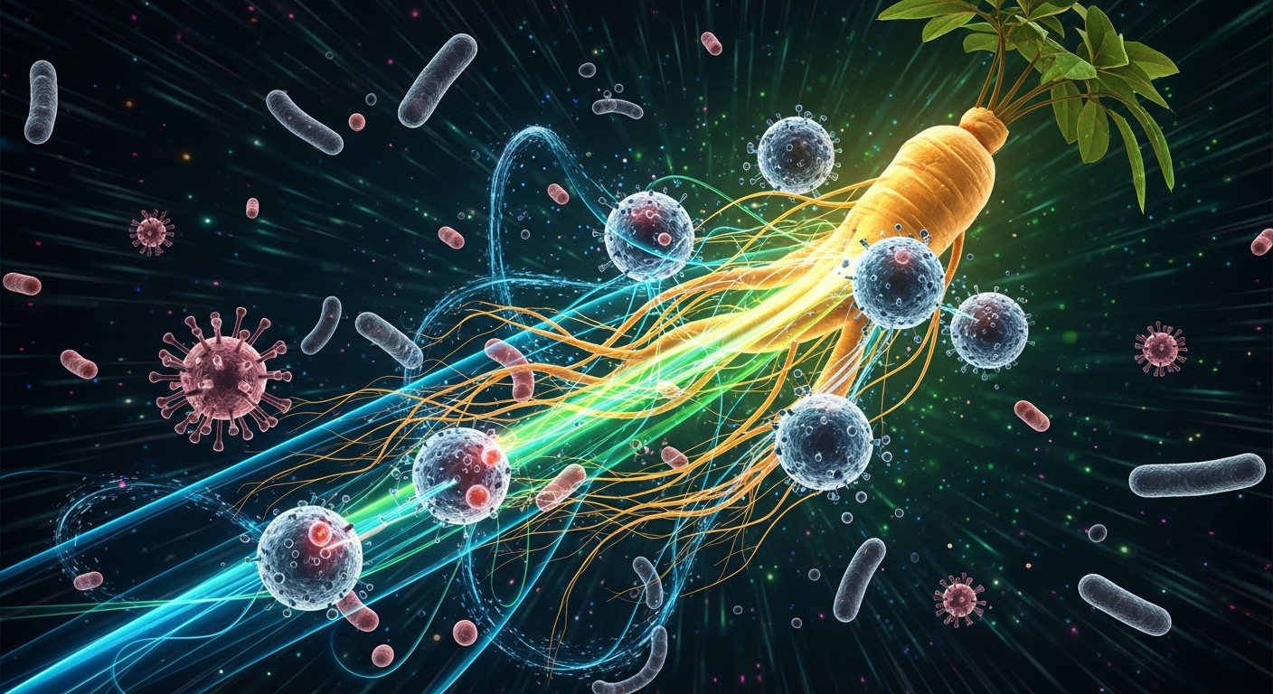 산양삼의 면역력 증진 및 항암 효과를 시각적으로 표현한 이미지. 활성화된 면역 세포들이 질병과 싸우는 모습을 추상적으로 묘사하고 있습니다.