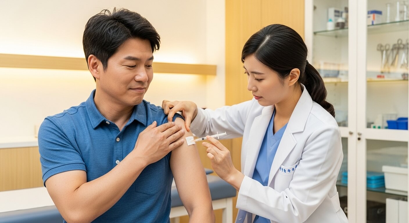 간호사가 성인 남성의 팔에 예방접종 주사를 놓는 장면