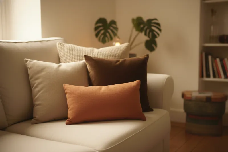 아이보리 소파에 베이지, 브라운, 번트 오렌지 쿠션으로 연출한 따뜻한 가을 컬러 조합