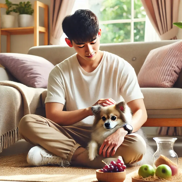 강아지를 안심시키며 다독이는 동양인 남성