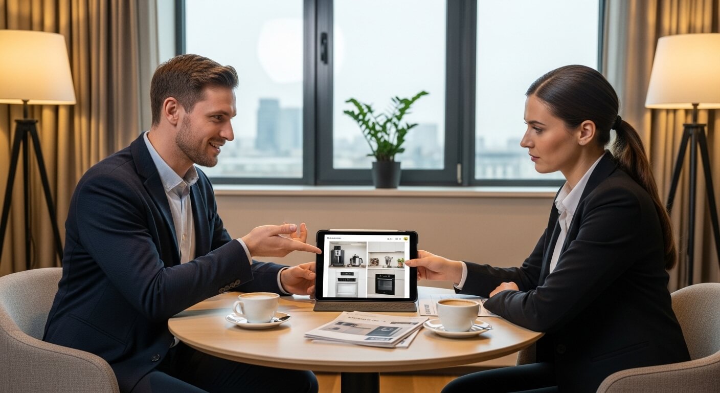 테이블에서 태블릿으로 가전제품을 보며 대화하는 남녀