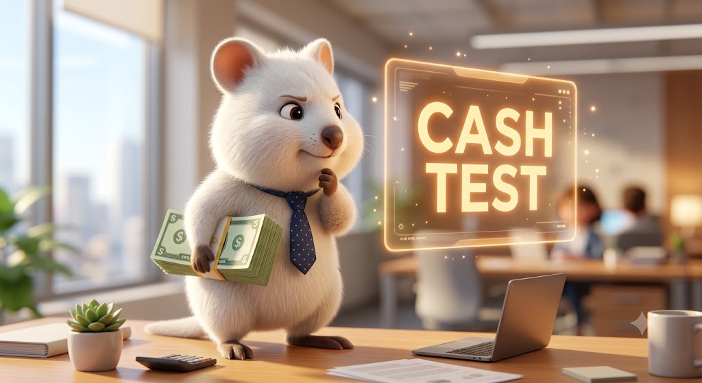 주식 손절 기준을 세우기 위해 상상 현금 테스트(CASH TEST) 홀로그램을 띄우고 돈다발을 든 채 객관적으로 고민하는 백쿼카