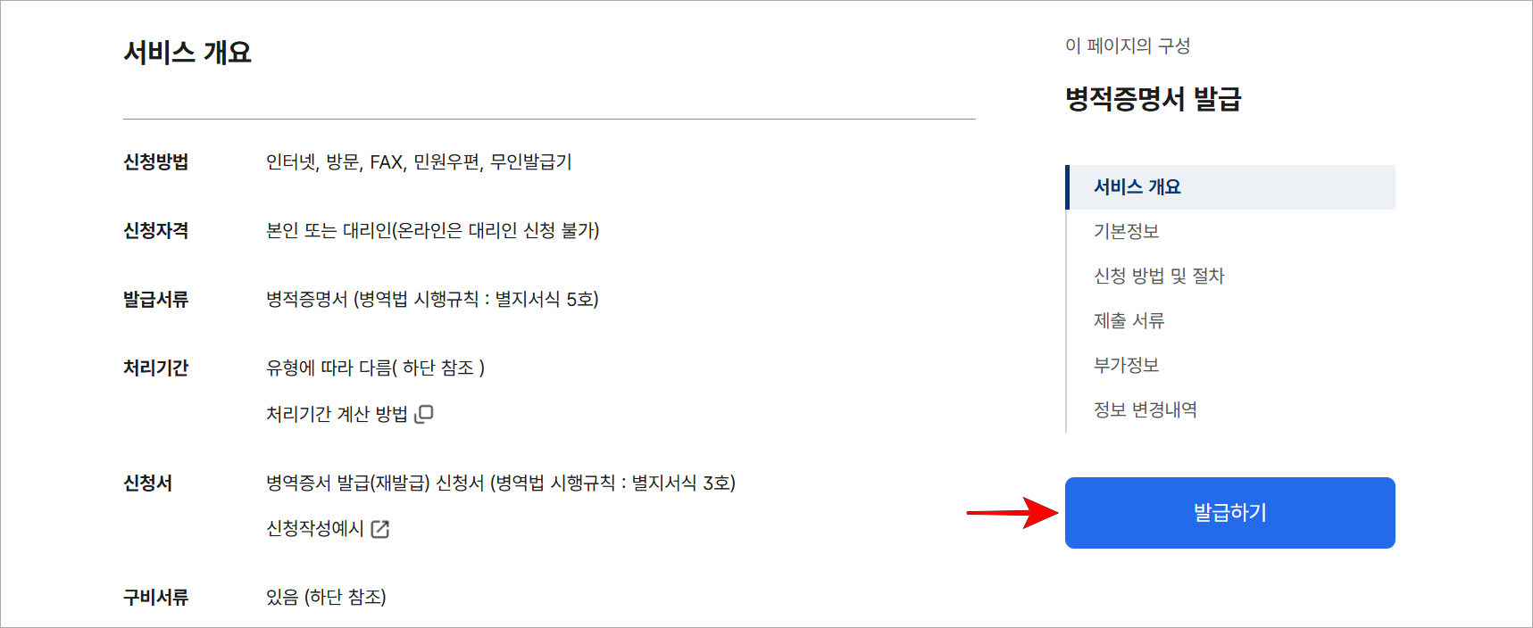 서비스 정보를 확인하고 '발급하기'를 선택