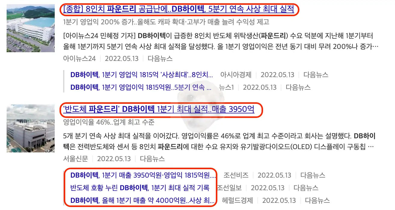 DB하이텍 파운드리 실적 관련 뉴스 기사