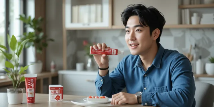 치약을 비교 중인 남성의 자연스러운 일상 장면