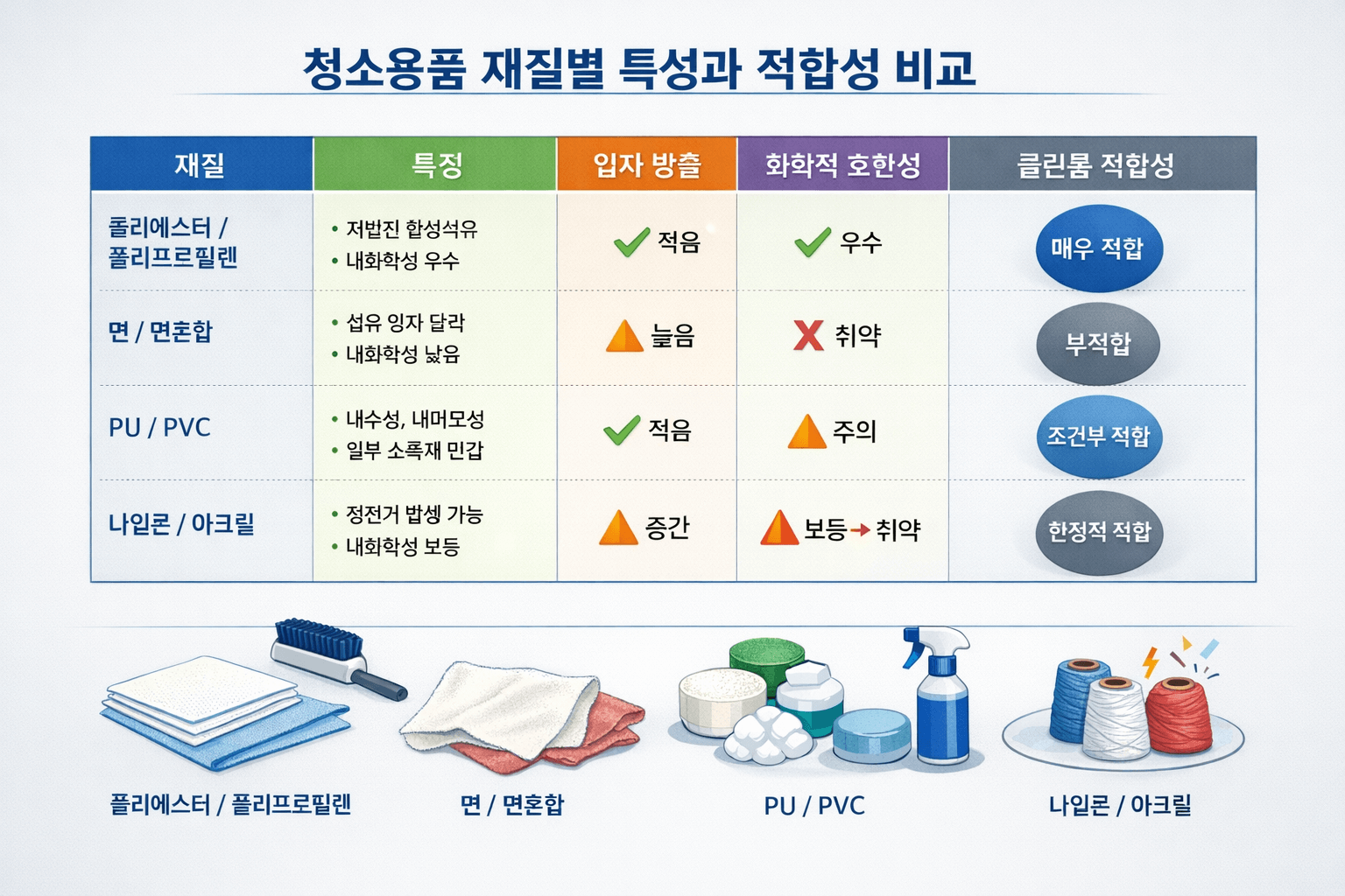 클린룸에서 청소용품 물질 적합성의 개념과 중요성을 설명한 인포그래픽 입니다