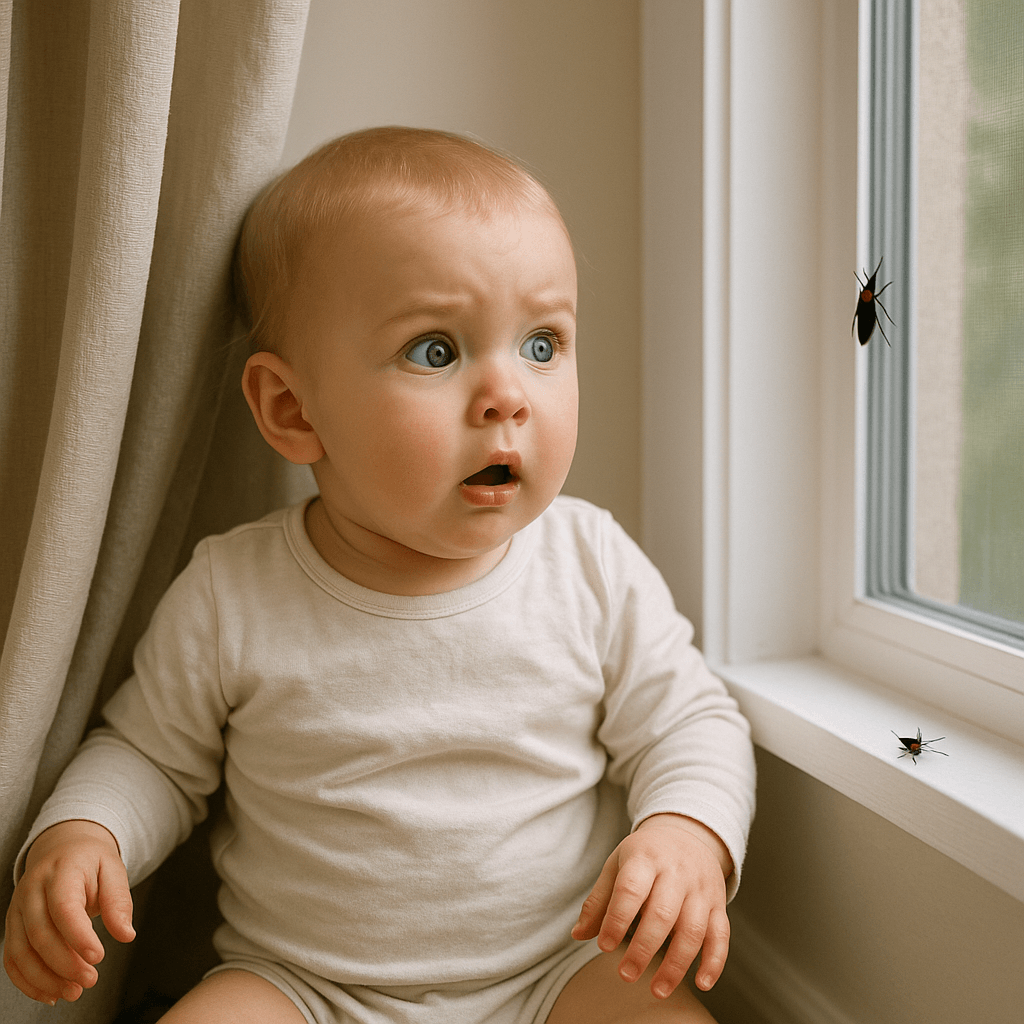 아기가 유리에 붙은 레드버그를 보고 놀라는 표정을 짓고 있는 이미지
