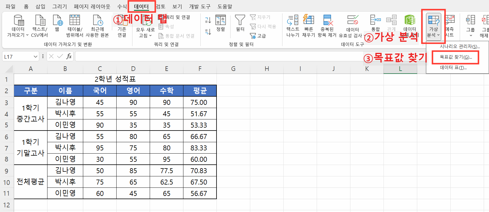 데이터 탭- 가상 분석- 목표값 찾기 선택