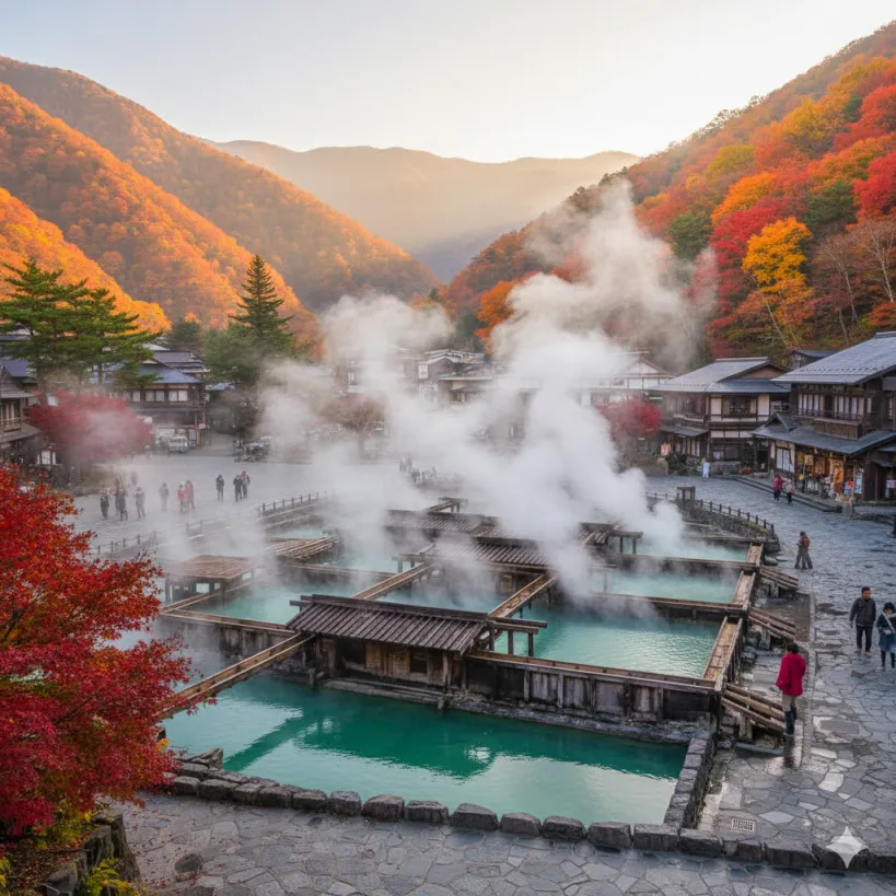 가을 산을 배경으로 김이 피어오르는 쿠사츠 온천 유바타케.