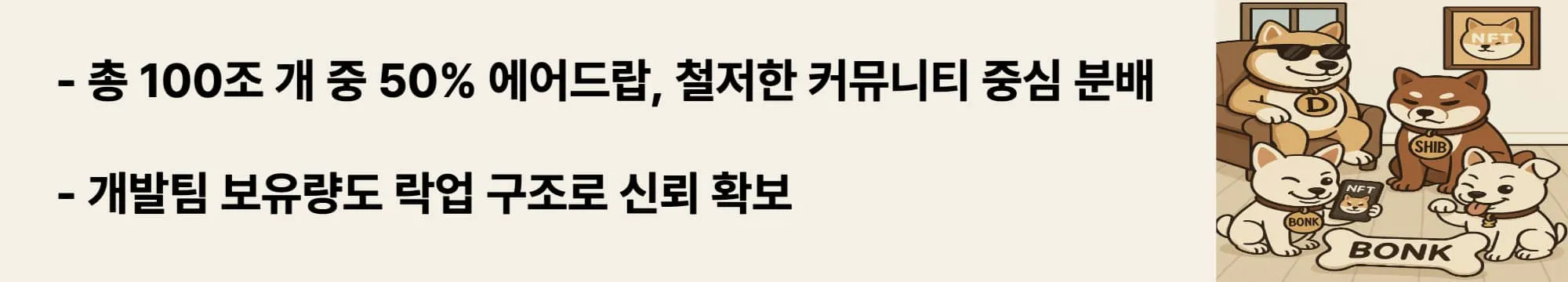 ‘총 100조 개 중 절반이 커뮤니티 에어드랍’이라는 문구가 포함된 웹배너 이미지. 이 이미지는 BONK 토큰의 대규모 분산형 배분 방식과 개발팀의 장기적 신뢰 확보 전략을 시각적으로 표현하며, 블로그의 BONK 토크노믹스와 분배 철학을 설명함 (BONK tokenomics, fair distribution, community airdrop, developer lockup).