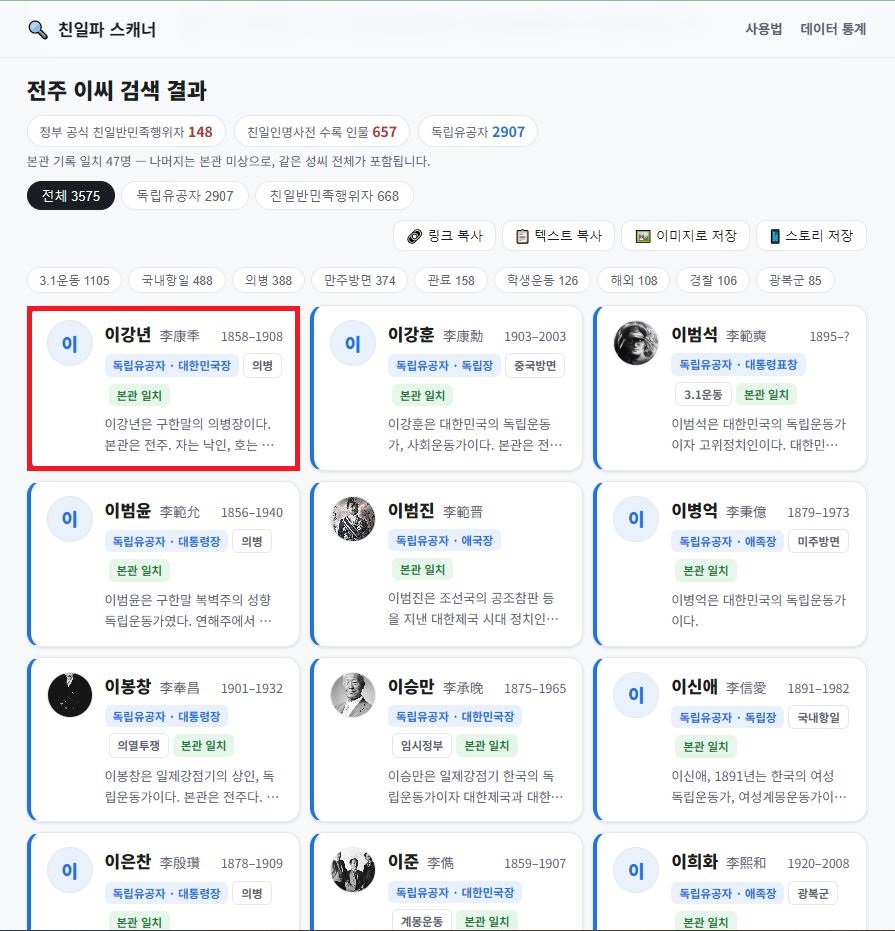 친일파 스캐너 개별 인물 상세 정보 카드