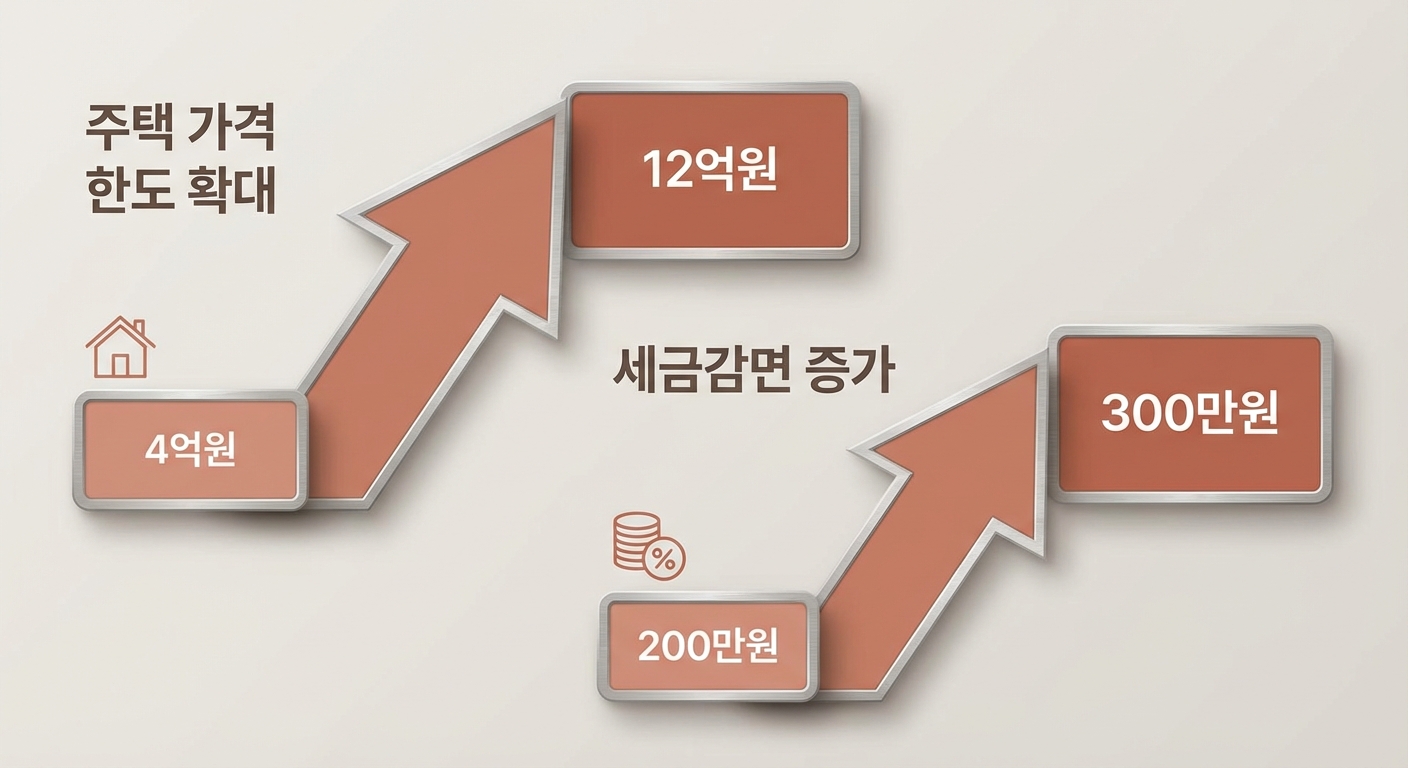 생애최초 주택 취득세 감면 대상 주택 가액이 4억에서 12억으로, 감면 한도가 200만 원에서 300만 원으로 확대된 것을 보여주는 깔끔한 인포그래픽.
