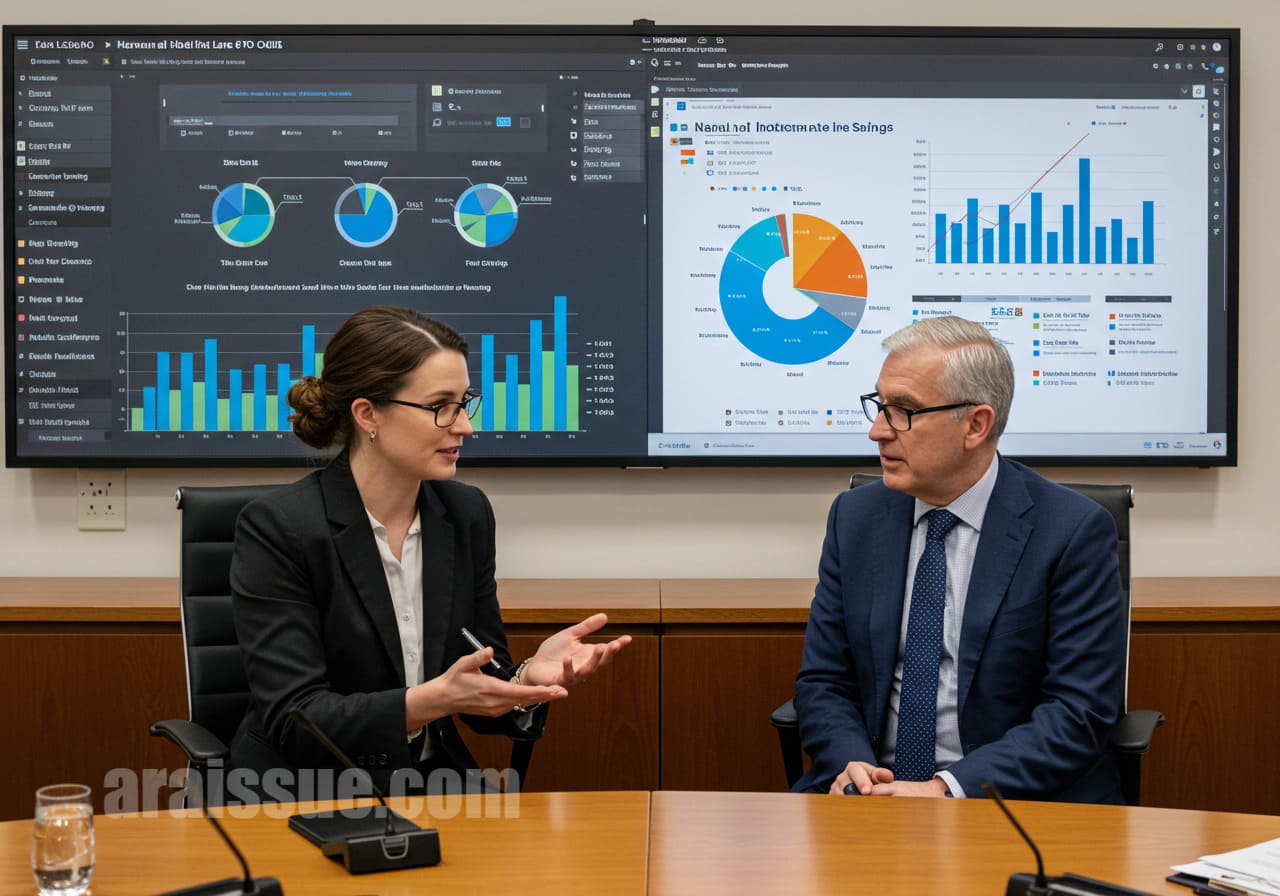 국가 차원의 예방 투자로 얻을 수 있는 경제적 혜택을 설명하는 전문가와 정부 관계자. 차트와 그래프를 통해 국가 예방 투자 효과를 설명하는 모습. 현대적인 정부 사무실에서 대화 중.