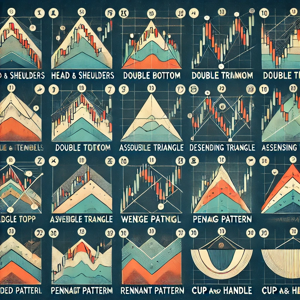10가지 차트 패턴이 포함된 전문적인 금융 차트 일러스트