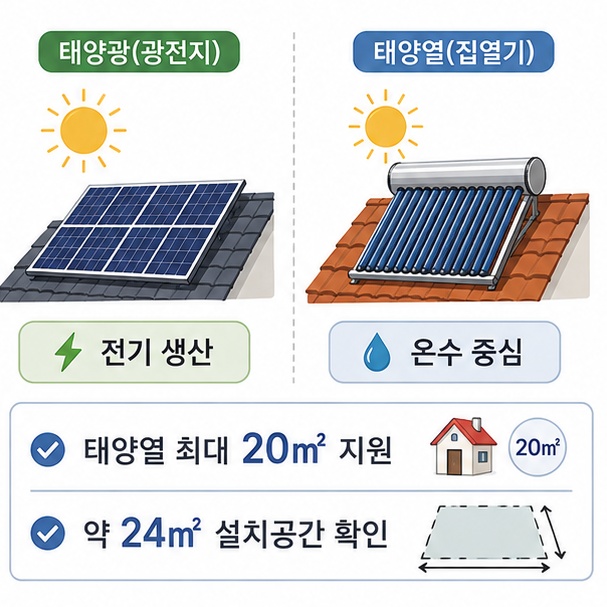 태양광은 전기를 생산하고 태양열은 온수를 만드는 데 주로 사용하며 태양열은 최대 20㎡까지 지원되는 차이를 보여 주는 그림
