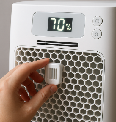 습도 센서를 점검하는 손과 제습기 전면 패널