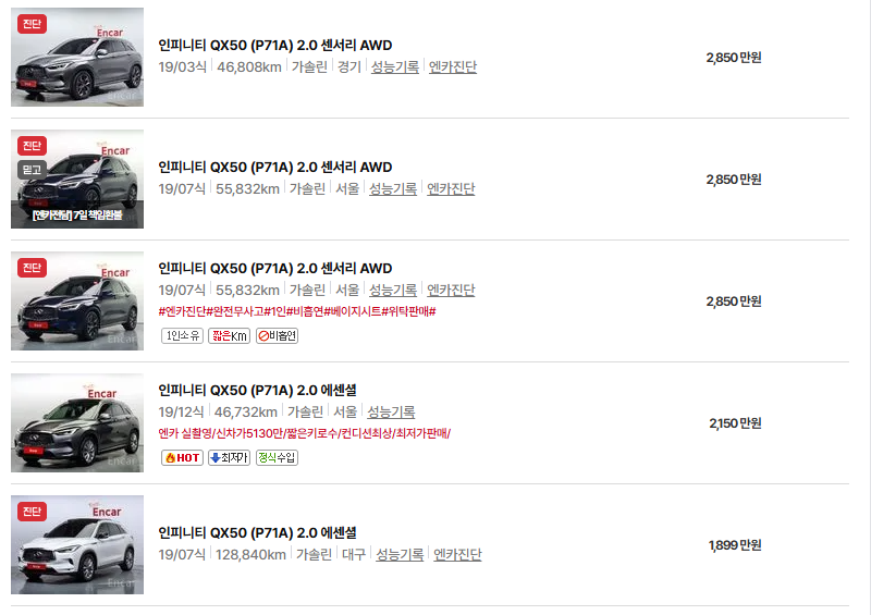 인피니티 QX50 중고차 가격 시세표 연비