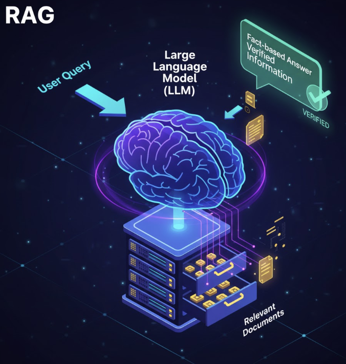 사용자의 질문에 대해 외부 벡터 데이터베이스에서 관련 지식을 검색하여 답변의 정확도를 높이고 환각 현상을 줄이는 RAG(검색 증강 생성) 아키텍처의 작동 원리 인포그래픽 이미지.