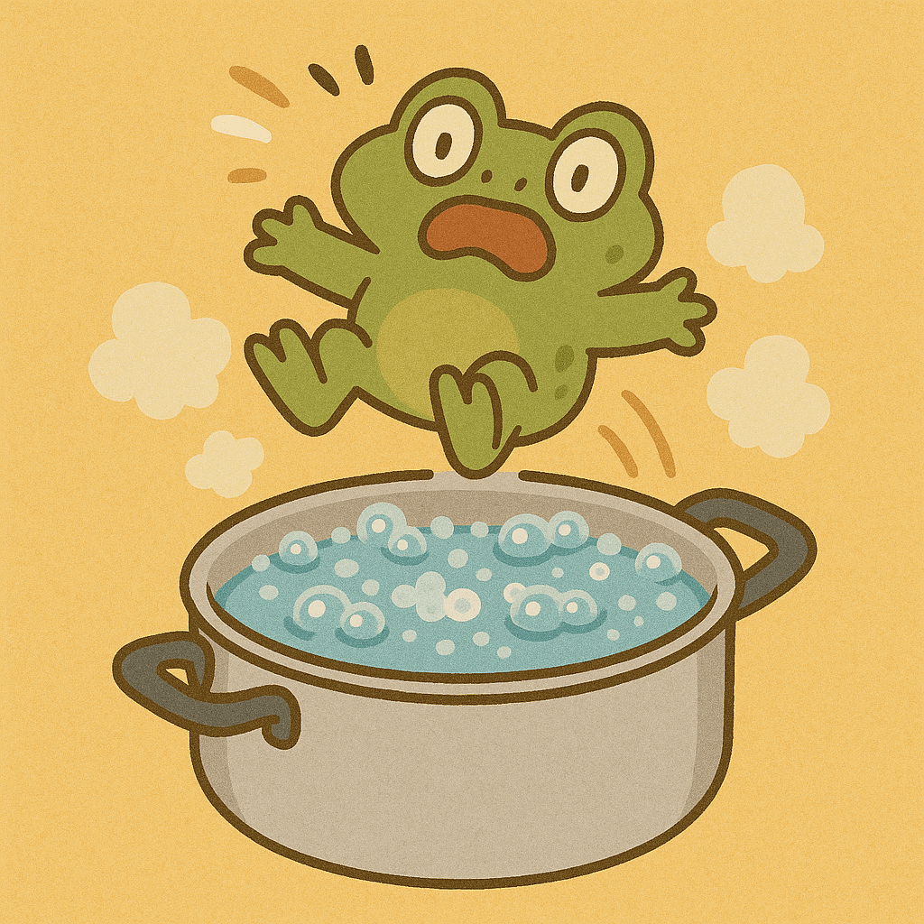 끓는 물에 놀라 점프하는 개구리 이미지