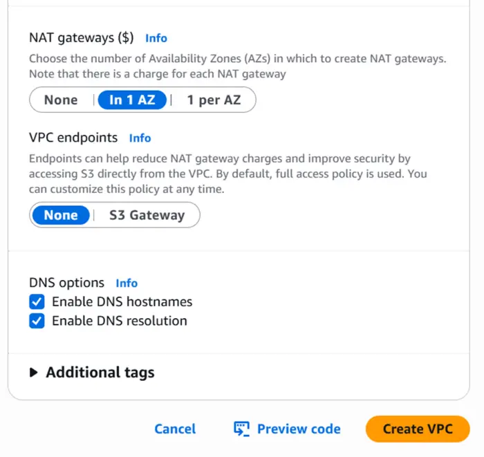 NAT 게이트웨이 설정 화면