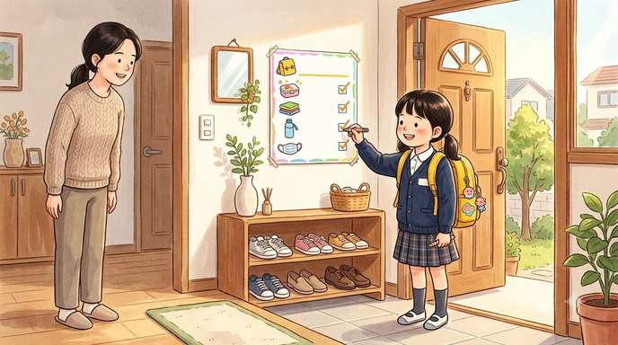 현관에서 체크리스트 확인하는 아이