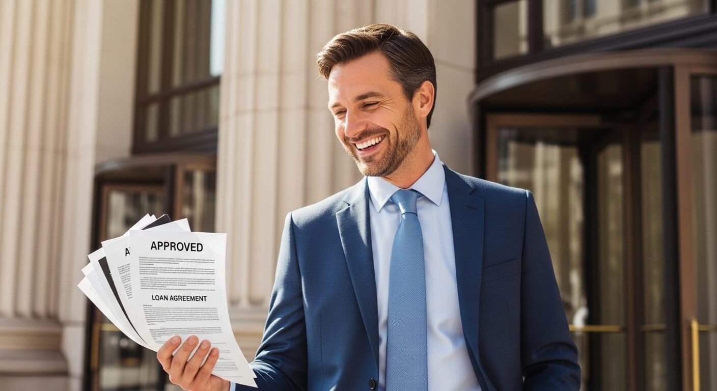 승인 도장이 찍힌 대출 계약서를 들고 미소 짓는 남성