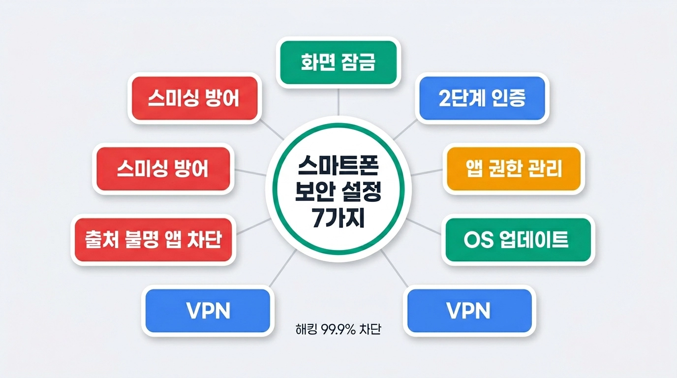2026년 스마트폰 보안 설정 7가지 핵심 항목을 한눈에 정리한 인포그래픽
