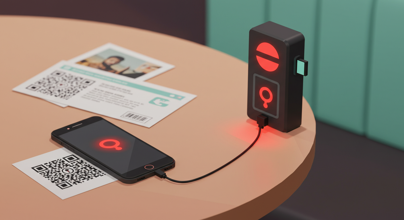 &quot;QR코드와 계좌 정보가 담긴 종이 위에 스마트폰이 놓여 있고, 검은색 무료 충전기를 통해 충전되고 있는 장면. 충전기와 스마트폰 양쪽 모두 빨간 경고 아이콘이 표시되어 개인정보 유출의 위험을 암시함.&quot;
카페 무료 충전기, 사진 계좌 털림 주의보(이미지fx)