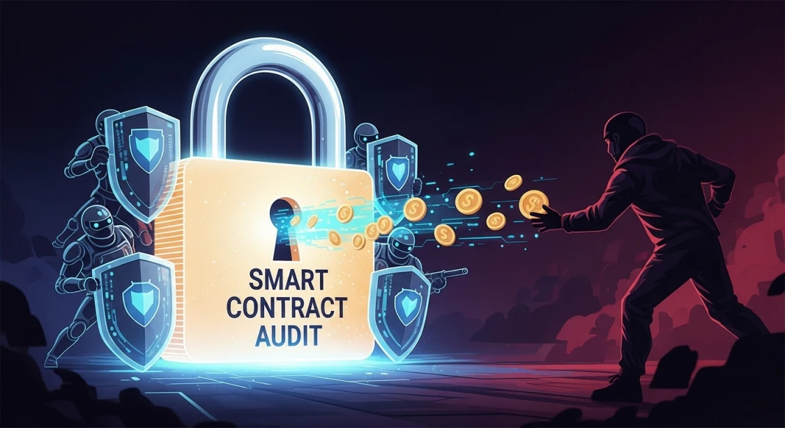 스마트 컨트랙트 해킹 위험을 강조하고 보안 감사(Audit)의 중요성을 나타내는 개념적 아트 이미지. 디파이 위험 관리를 상징합니다.