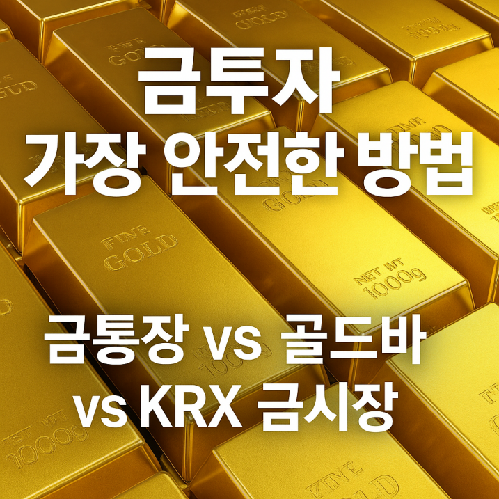 고해상도의 실사 이미지로, 황금빛 골드바들이 정렬된 모습 위에 ‘금통장 vs 골드바 vs KRX 금시장 비교