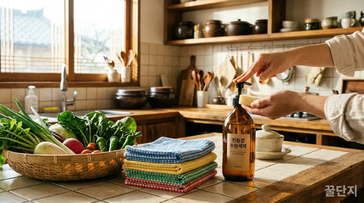 친환경 주방세제와 재사용 키친타월이 놓인 한국 주방