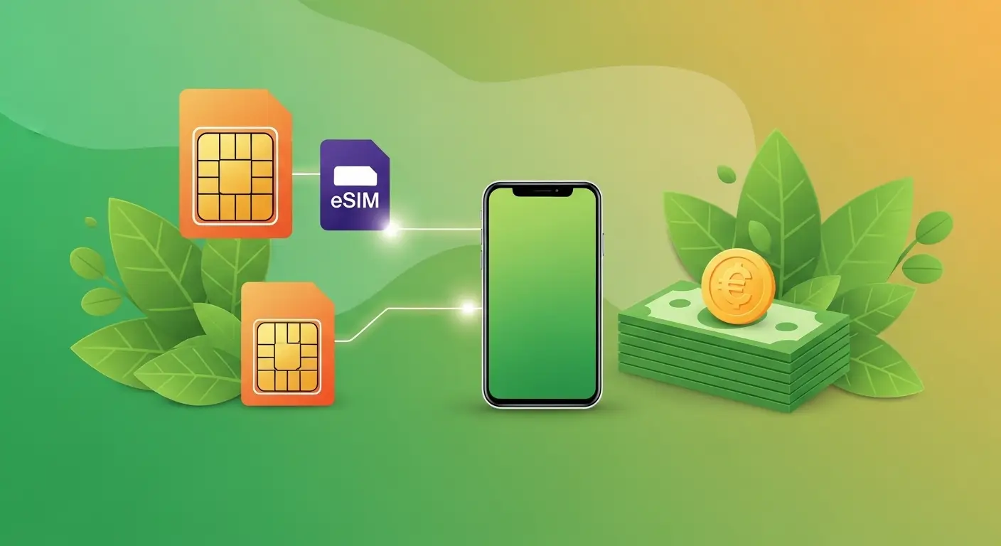 두 개의 SIM 카드 아이콘(물리 SIM과 디지털 eSIM)이 하나의 스마트폰 아이콘에 연결되어 있고, 그 옆에는 돈더미가 쌓여있는 모습