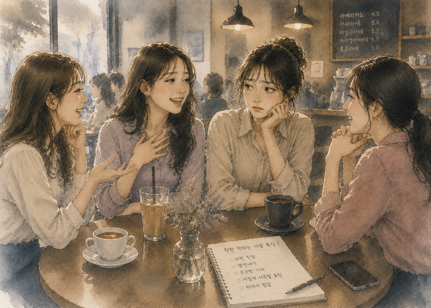겉으로는 웃고 대화하고 있지만, 주변 사람들의 미묘한 표정과 분위기를 조심스럽게 살피며 어딘가 불편함을 느끼고 있는 여성의 감성적인 수채화 일러스트
