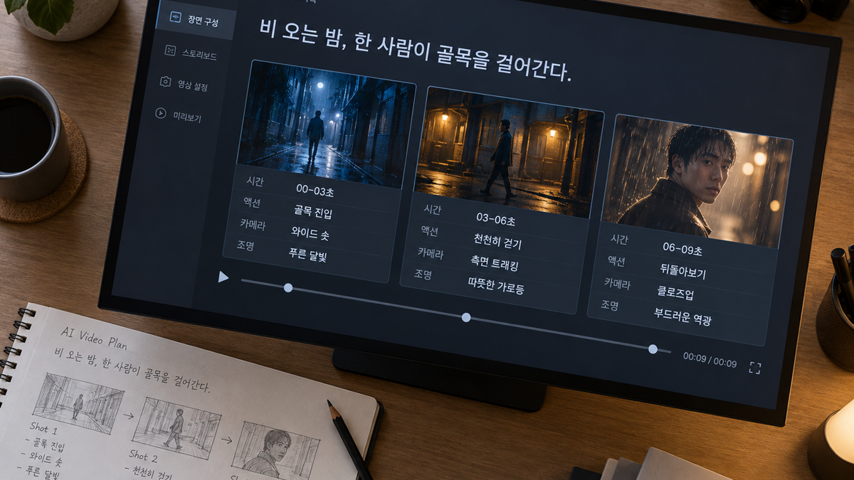 한 줄 영상 요청이 세 장면의 시간·행동·카메라 계획으로 분해되는 작업 화면