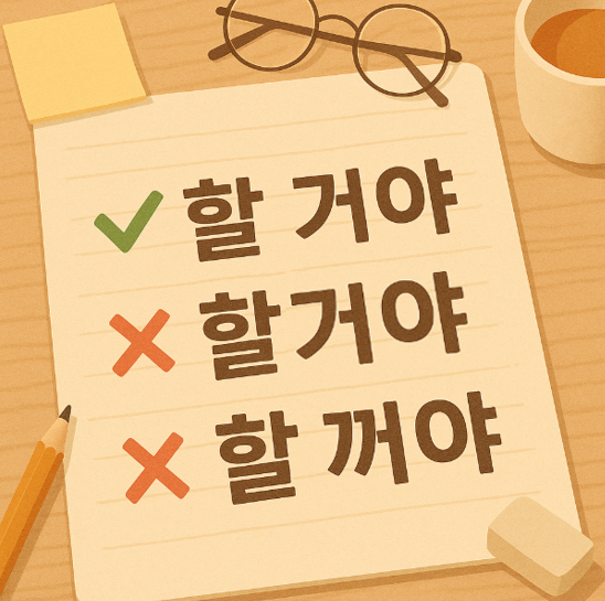 자주 틀리는 한글 맞춤법 - 할 거야 할거야 할꺼야 틀린표현에 x와 컬러를 더하여 보기쉽게 설명한 썸네일 이미지