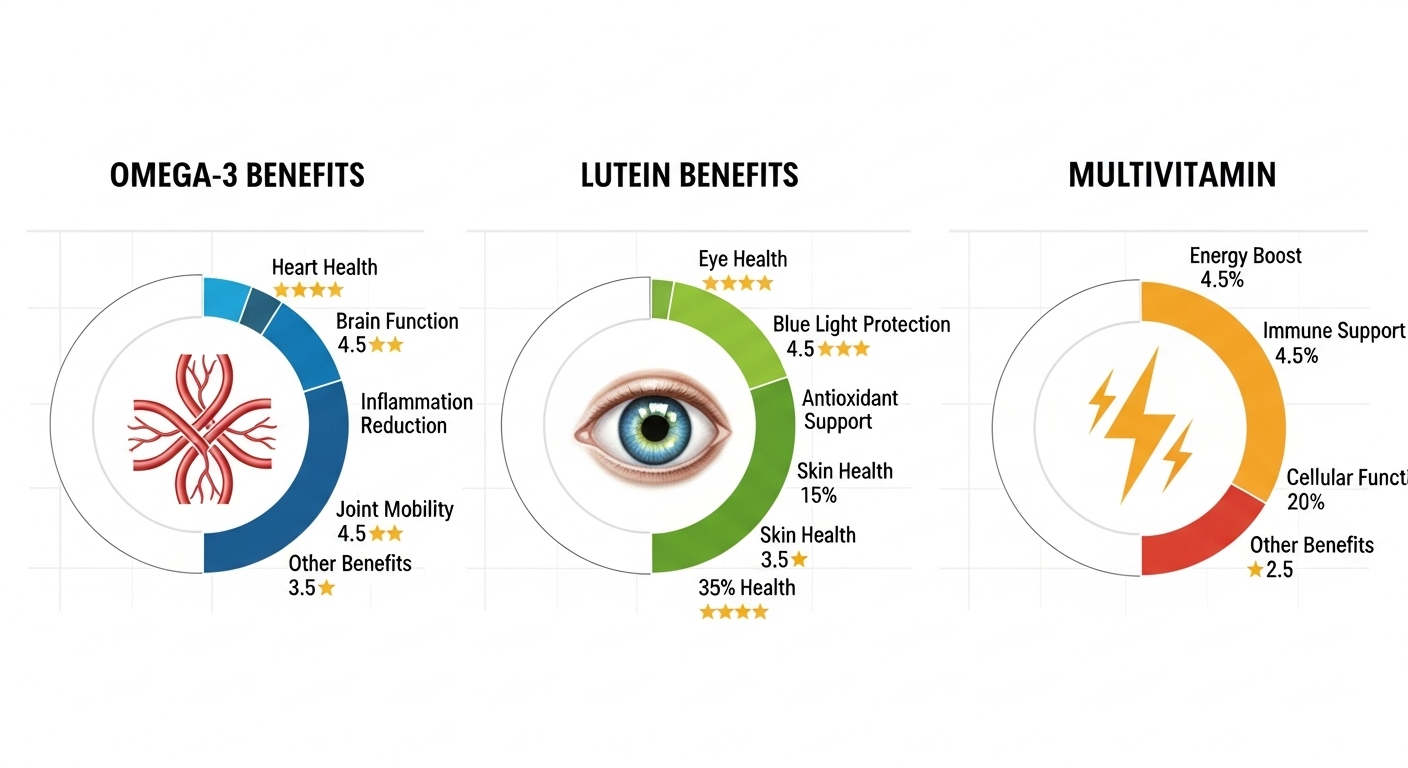 메가3(혈관 모양 아이콘), 루테인(눈 모양 아이콘), 종합비타민(에너지 번개 아이콘)