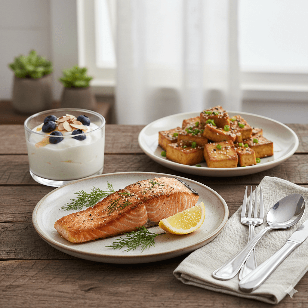 단백질이 풍부한 생선, 두부, 요거트 식단