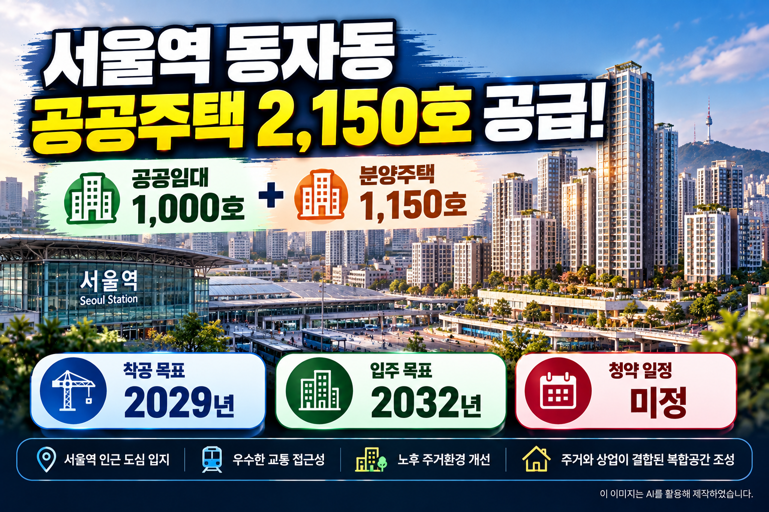 2026년 서울역 앞 용산구 동자동 공공주택지구 지정에 따른 총 2,150호 공급계획으로, 공공임대 1,000호와 분양주택 1,150호, 2029년 착공 및 2032년 입주 목표와 향후 청약 일정을 안내하는 대표 이미지.