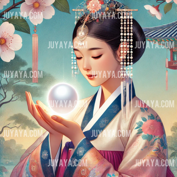 한복을 입은 사람이 손바닥 위에 빛나는 진주를 들고 있는 모습&amp;#44; 주변에는 평화로운 한국식 정원이 꽃과 함께 어우러진 풍경