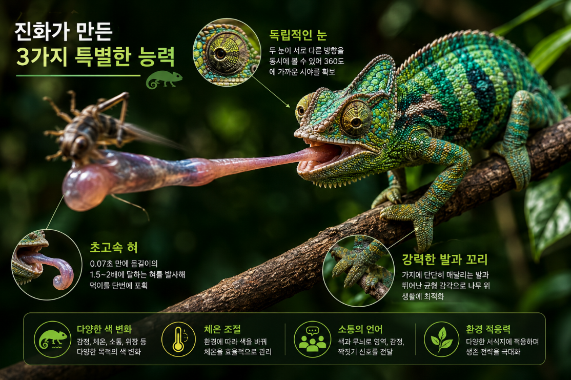 긴 혀를 발사하며 서로 다른 방향을 바라보는 카멜레온의 독특한 모습
