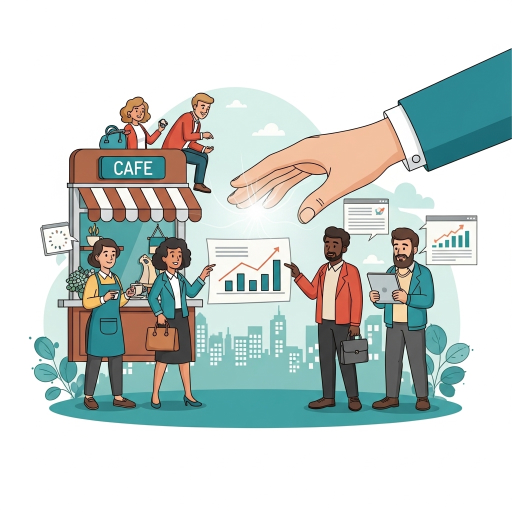 다양한 소상공인들이 정부 지원 정책을 통해 사업 성장을 이루는 희망찬 모습