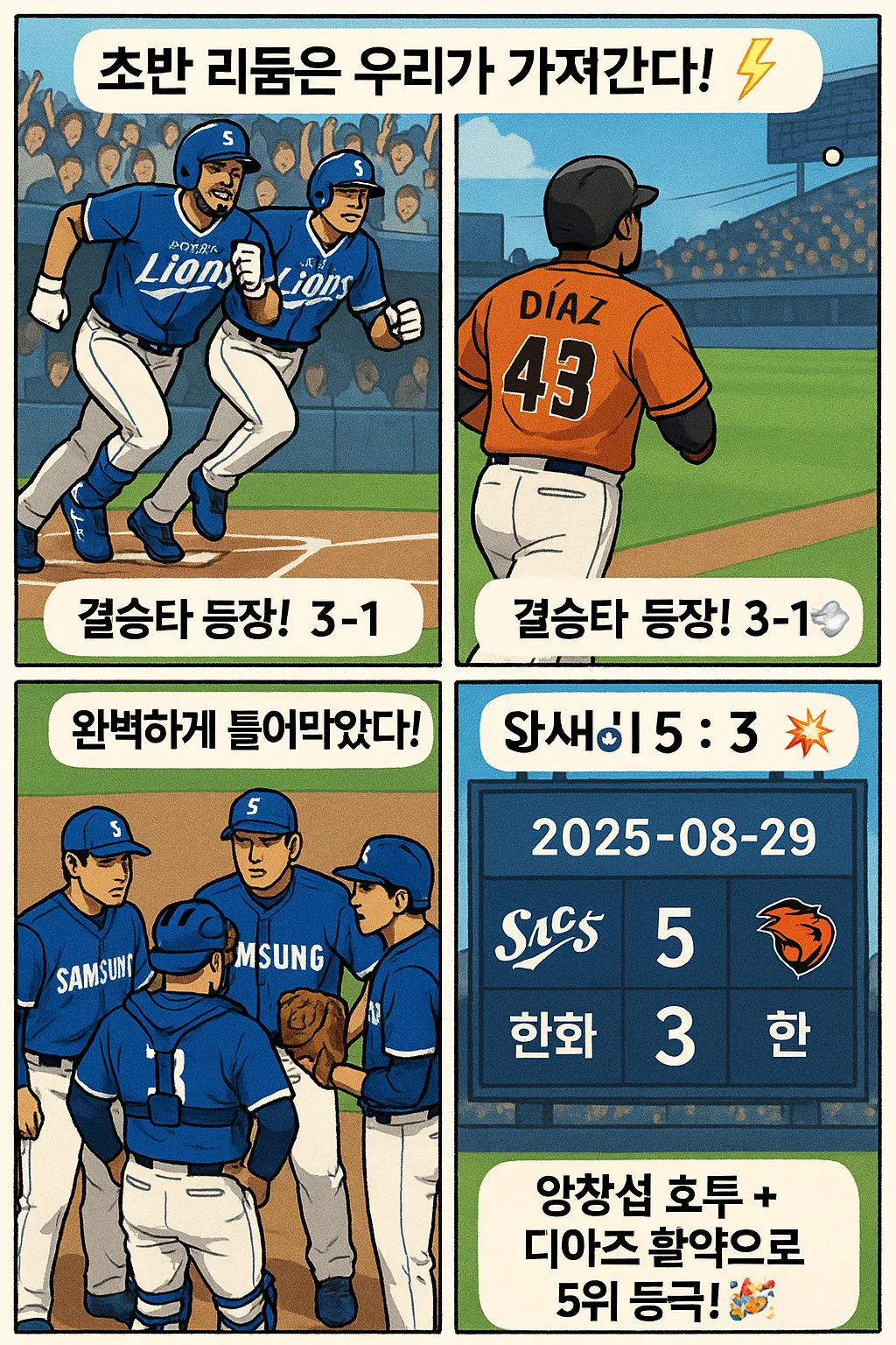 4컷 만화 8월 29일 삼성 5 : 3 한화 (대전, 승: 양창섭 / 패: 황준서)