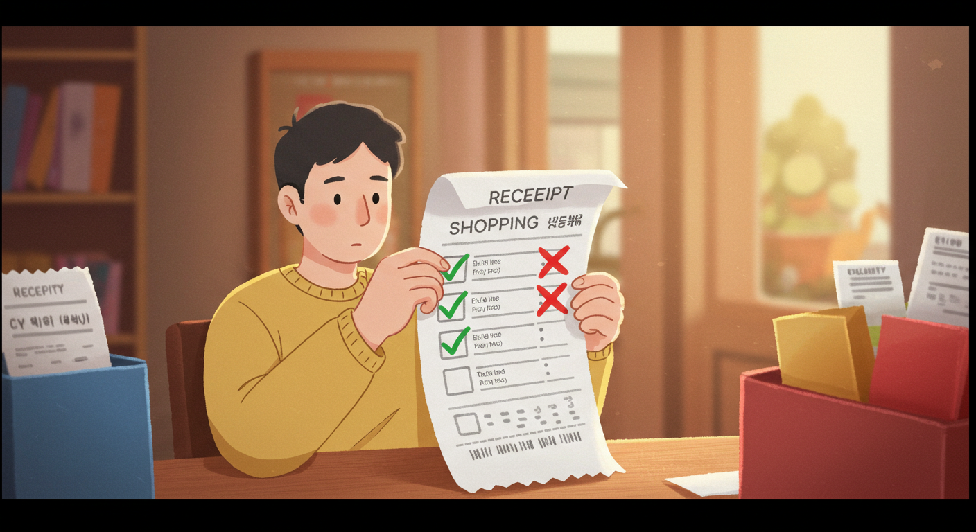 상생페이백 실적 인정 여부를 영수증에서 확인하는 장면