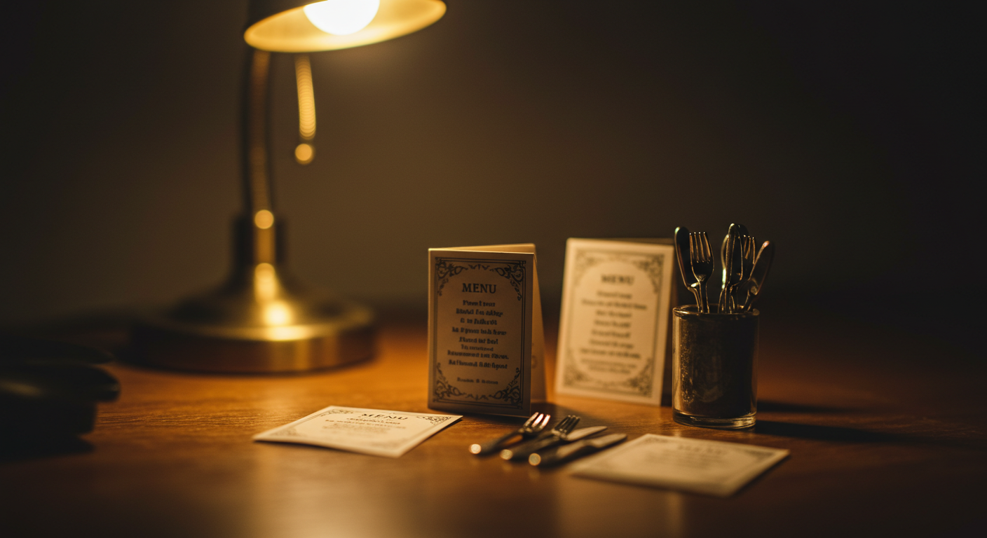 밤에 책상 조명 아래 미니어처 저녁 메뉴 카드와 작은 식기가 놓인 틸트쉬프트 마무리 장면